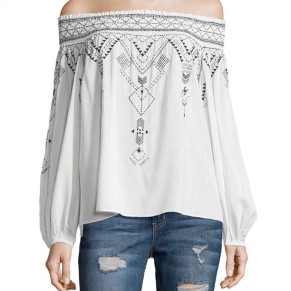 Parker Off-The-Shoulder Tribal-Print Blouse, White